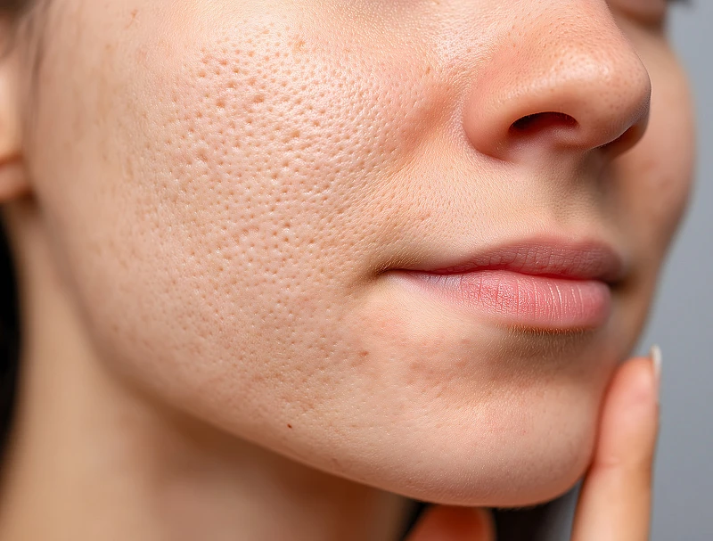 Close up of a woman's face with large pores and skin imperfections. Skin texture problem from acne and scars concept for dermatology.