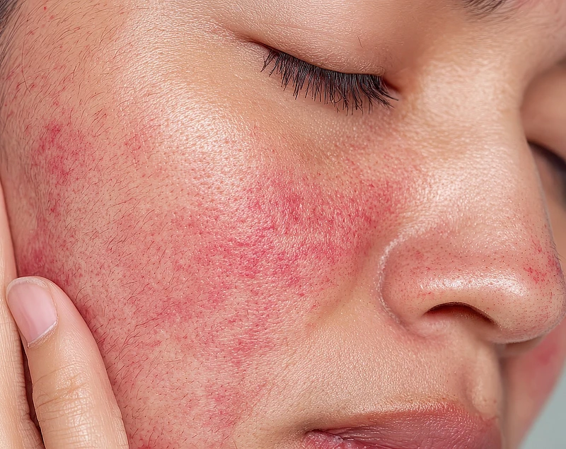 Close up view showing woman touching cheek, highlighting rosacea symptoms including facial redness, skin flushing, and prominent blood vessel patterns